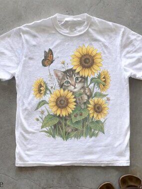 Sunflower Kitten 90s Graphic Tshirt, Retro Cottagecore Cat Unisex Shirt